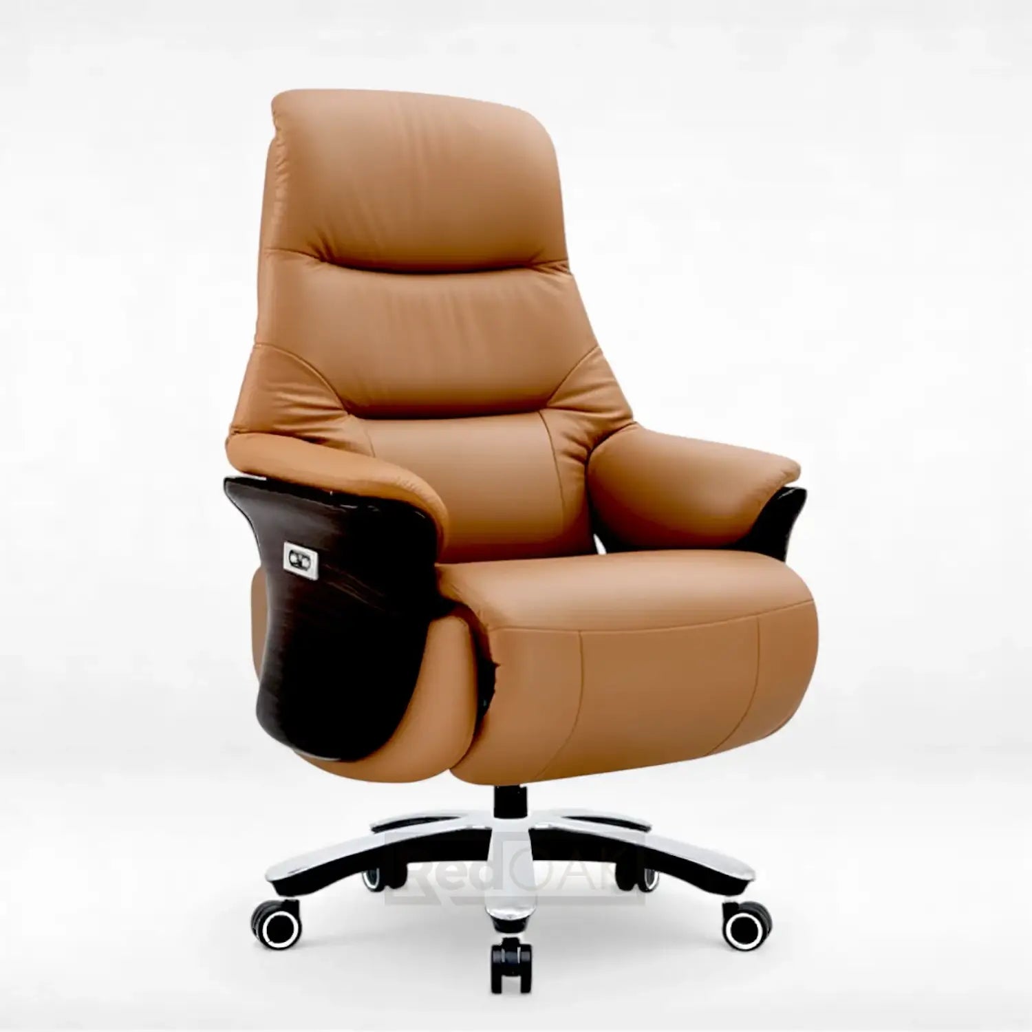 Motorised, button-controlled, batttery operated, brown leather recliner office revolving chair with castors
