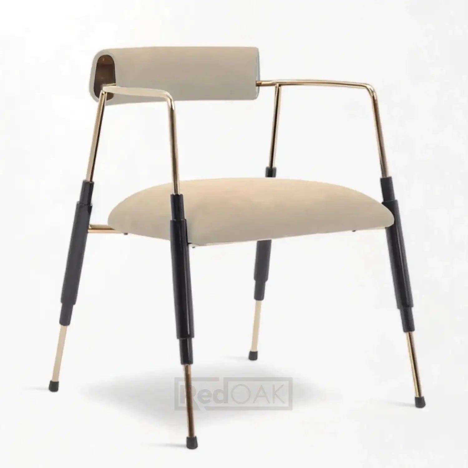 A modern dining chair with gold finished metal legs and beige leatherette seat and backrest.
