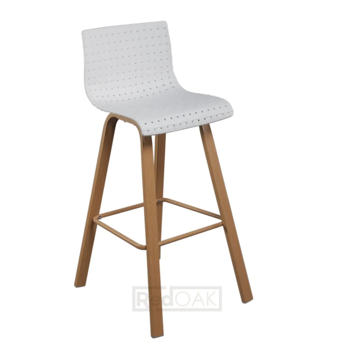 A modern bar stool with a white perforated molded seat and light natural wood legs, shown against a plain white background.