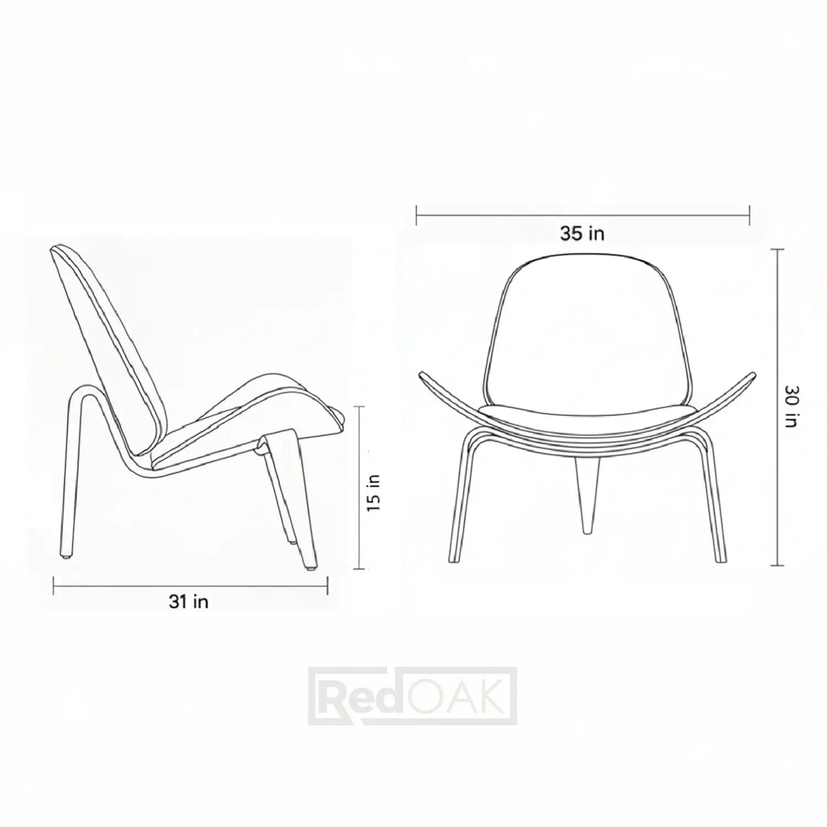 Line drawing of a chair with dimensions labeled on a white background
