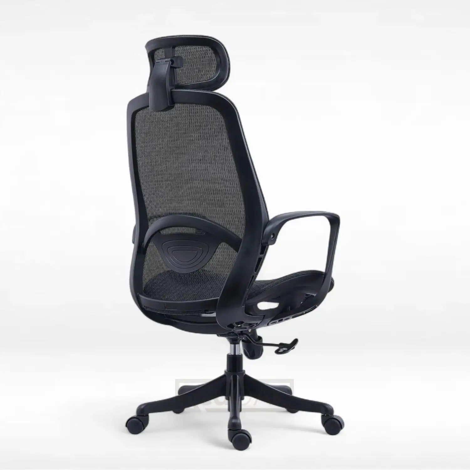 Black office chair with mesh back on a white background