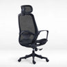 Black office chair with mesh back on a white background