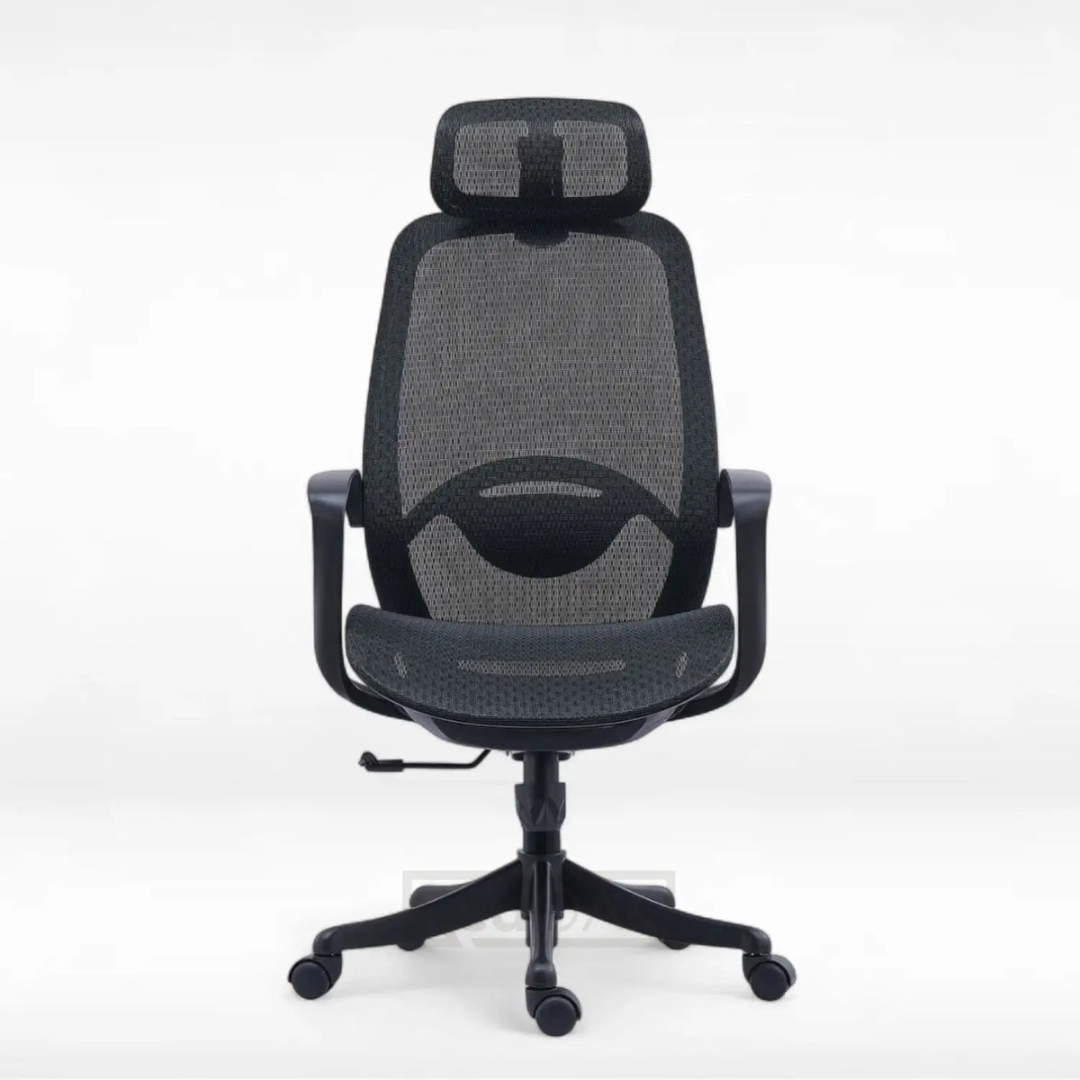 Black office chair with mesh backrest on a white background