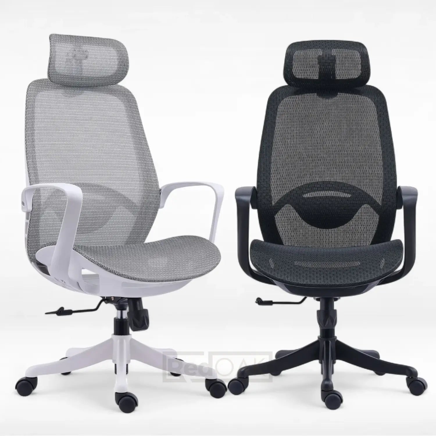Two office chairs, one gray and white, the other black and gray, on a white background.