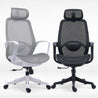Two office chairs, one gray and white, the other black and gray, on a white background.