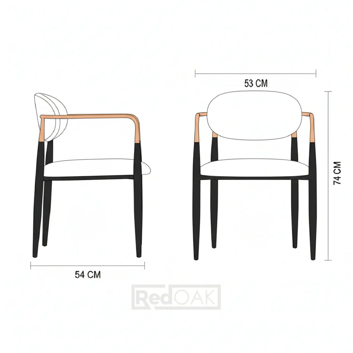 Dimensions of a chair with armrests shown in a diagram.