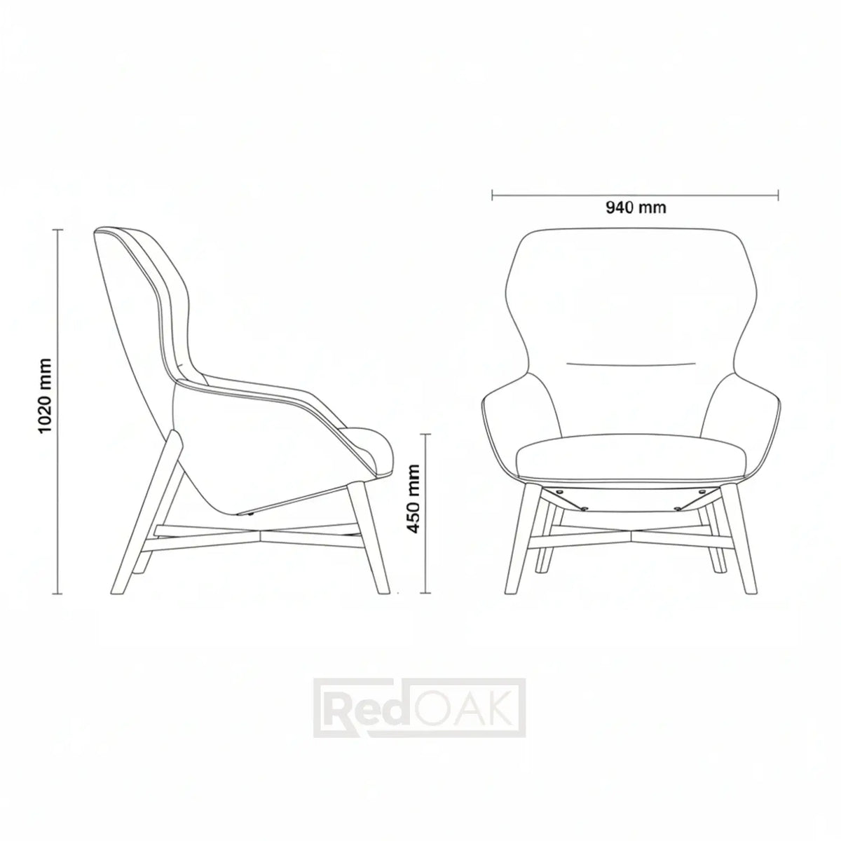 Line drawing of a chair with dimensions labeled on a white background