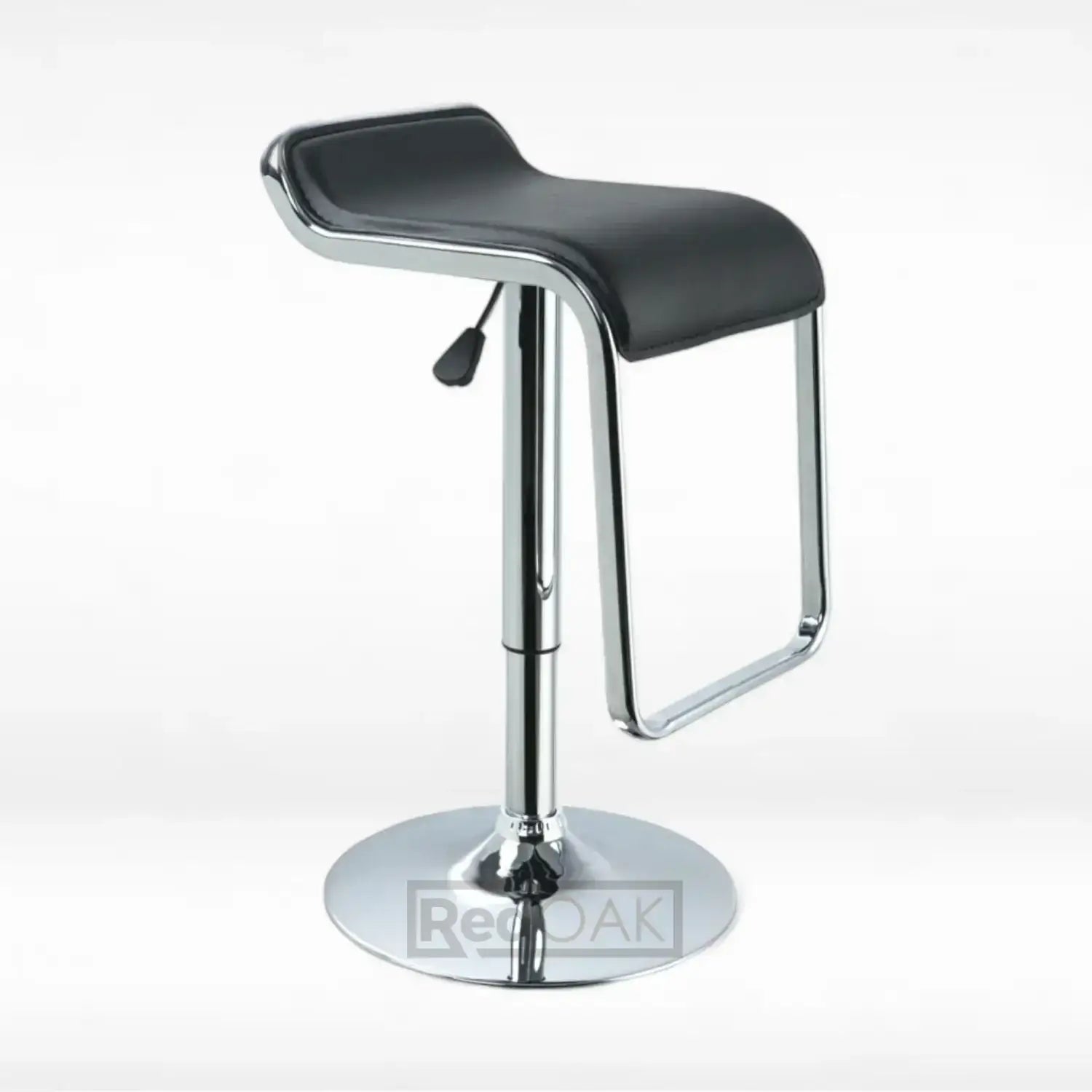 A minimalist high stool with a chrome metal frame and black leatherette seat, featuring an adjustable height mechanism and a footrest.
