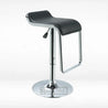 A minimalist high stool with a chrome metal frame and black leatherette seat, featuring an adjustable height mechanism and a footrest.