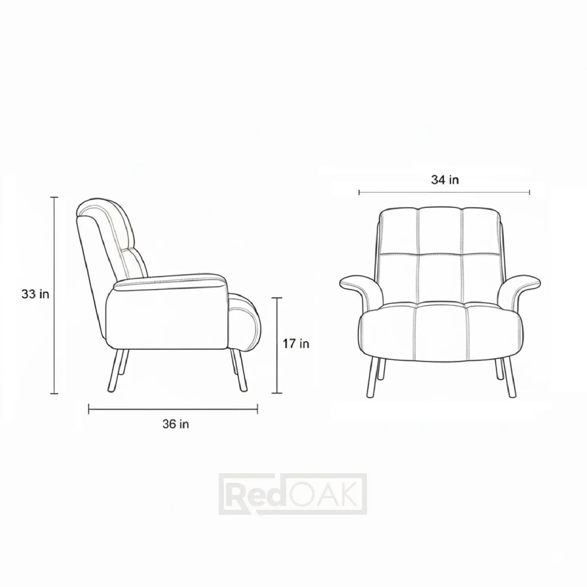 Line drawing of a chair with dimensions labeled on a white background
