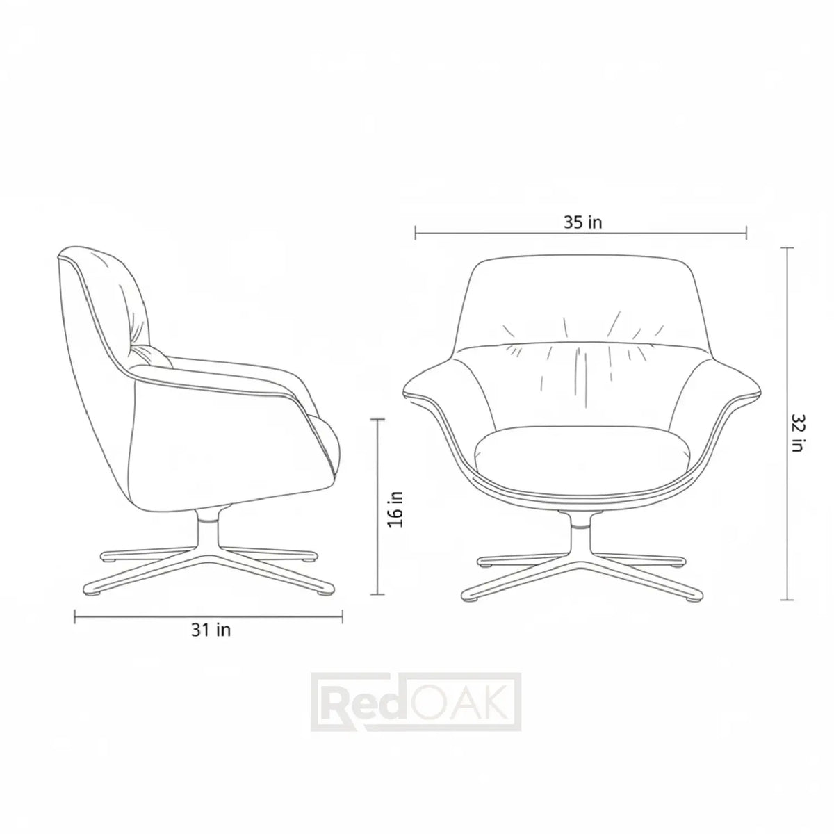 Line drawing of a chair with dimensions labeled