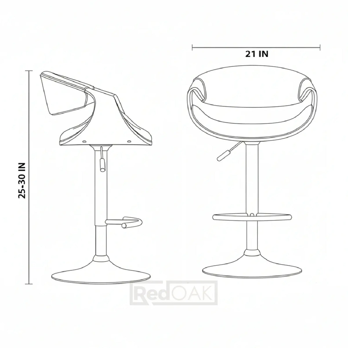 Line drawing of two bar stools with dimensions indicated.