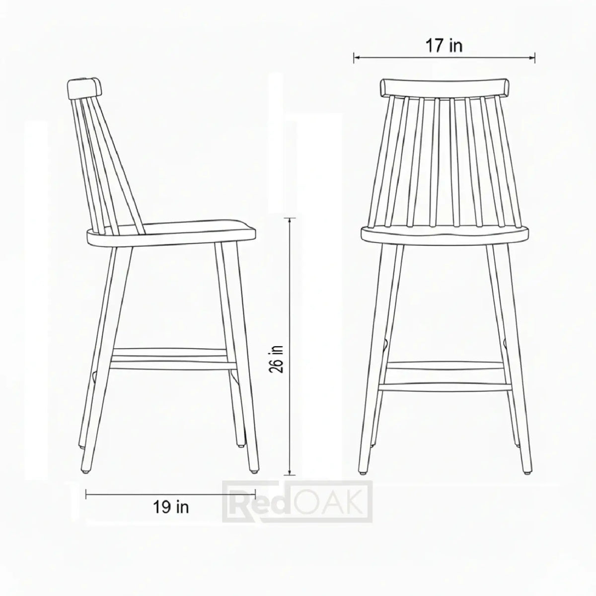Line drawing of a wooden bar stool with dimensions labeled.