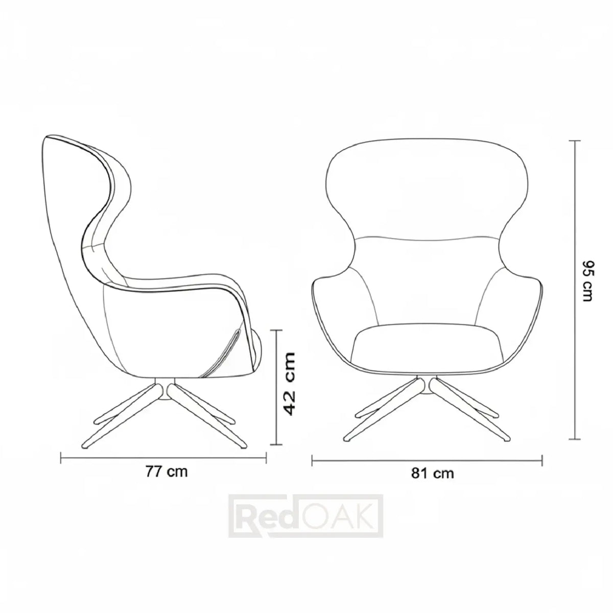 Line drawing of a modern chair with dimensions labeled