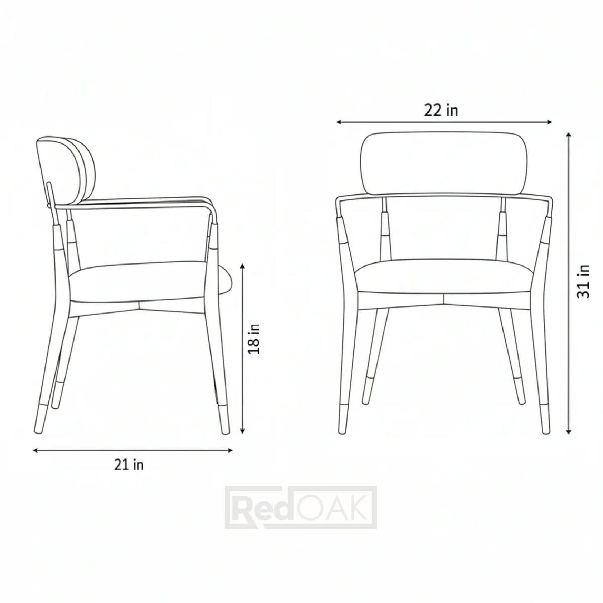 Line drawing of a chair with dimensions labeled