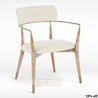 A beige upholstered armchair with a wooden frame and metal armrests, featuring metal caps on the legs.