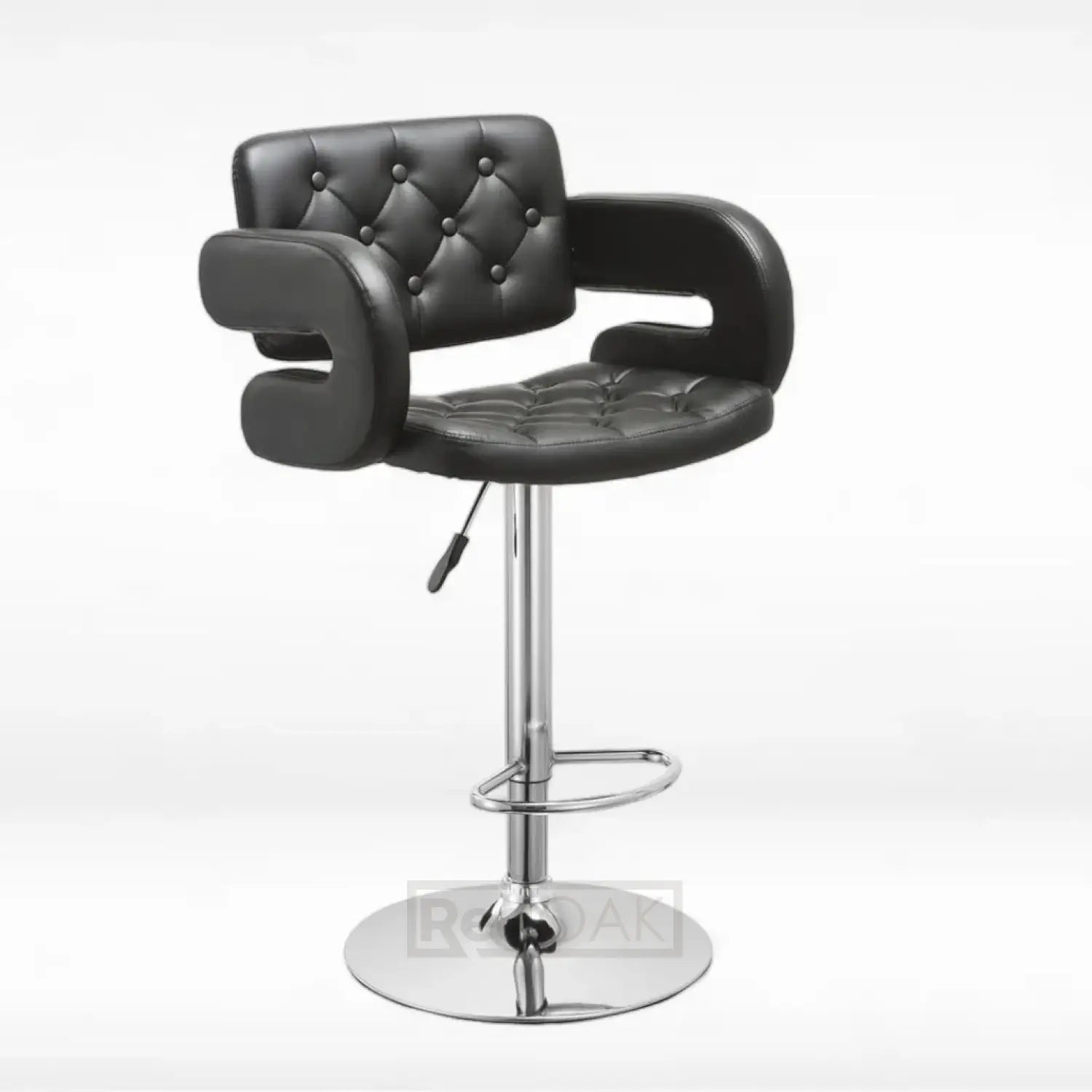 A black leatherette bar stool with a tufted seat and armrests, mounted on a chrome metal base with a swivel function.