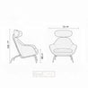 Line drawing of a chair with dimensions labeled on a white background