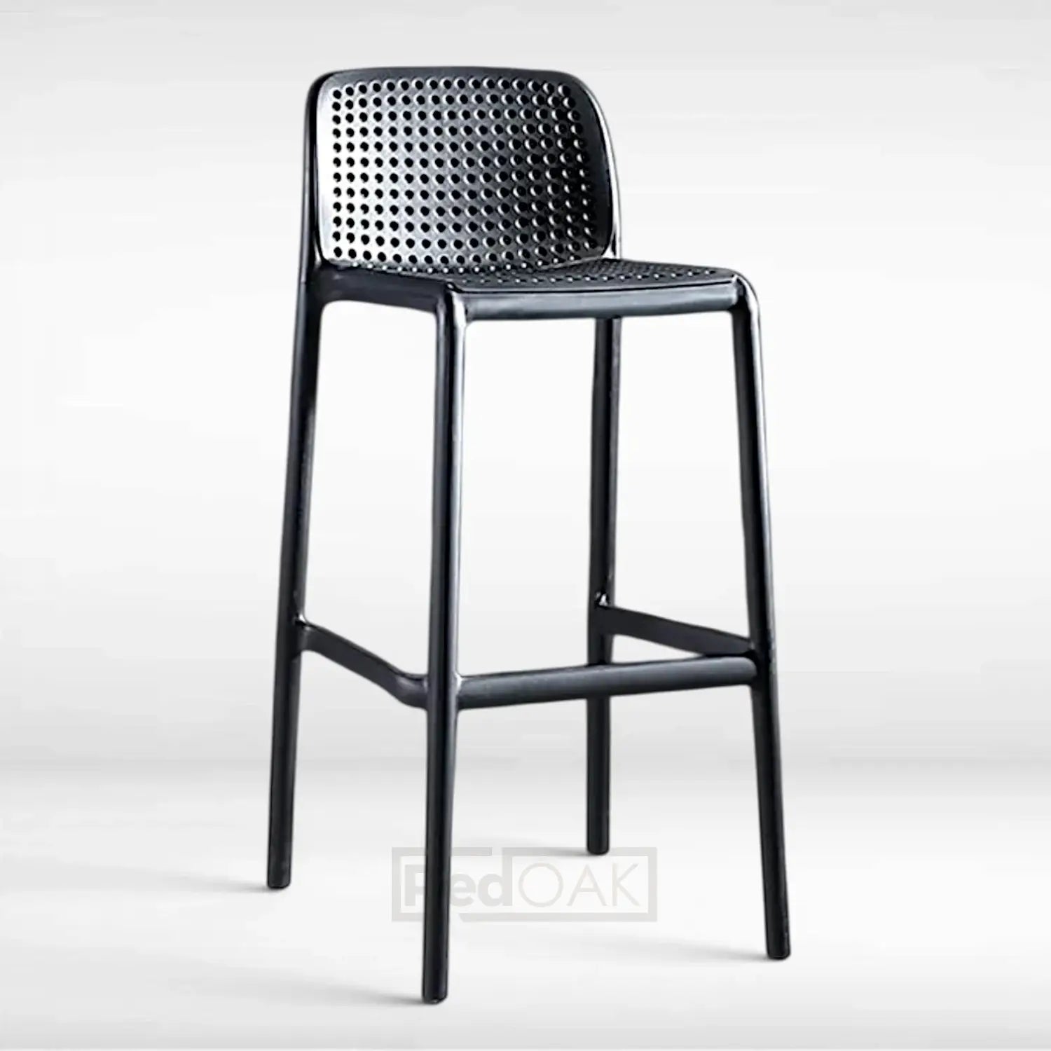 Black bar stool with perforated backrest on a white background
