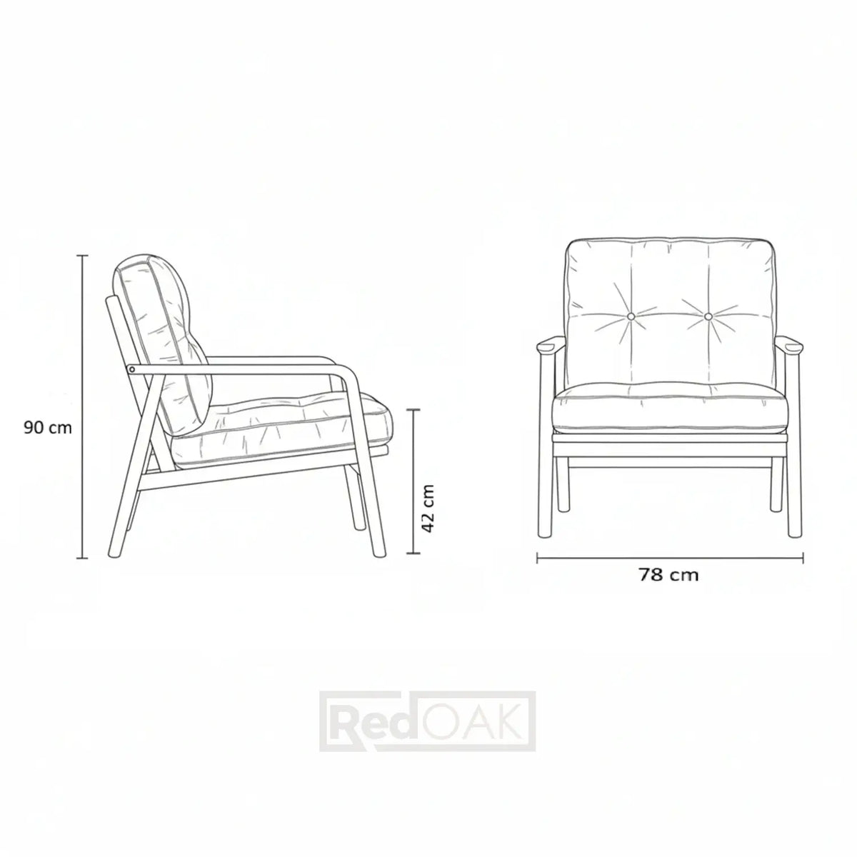 Line drawing of a chair with dimensions labeled on a white background