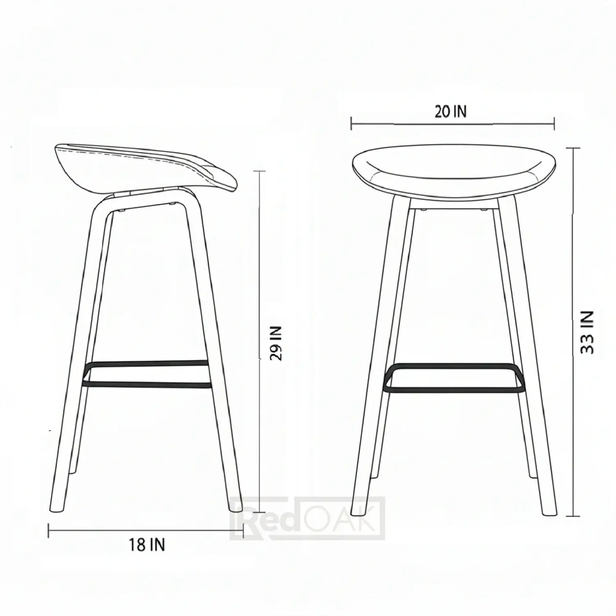 Line drawing of a bar stool with dimensions labeled