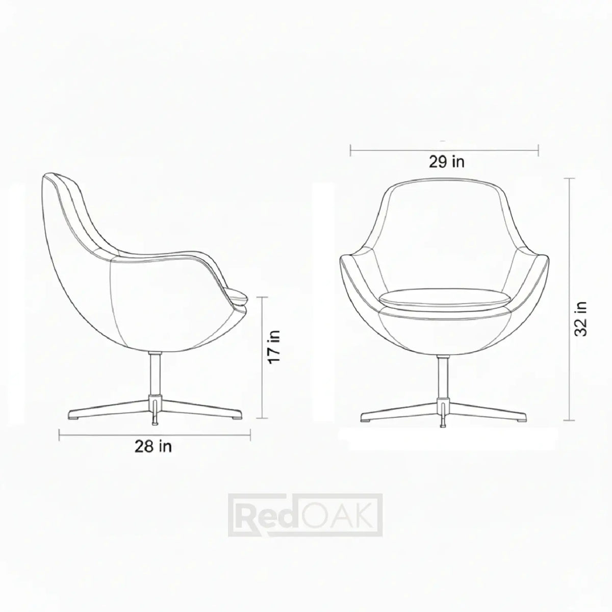 Dimensions of a modern chair with measurements in inches.