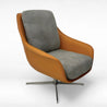 Modern chair with brown frame and gray cushion on a white background