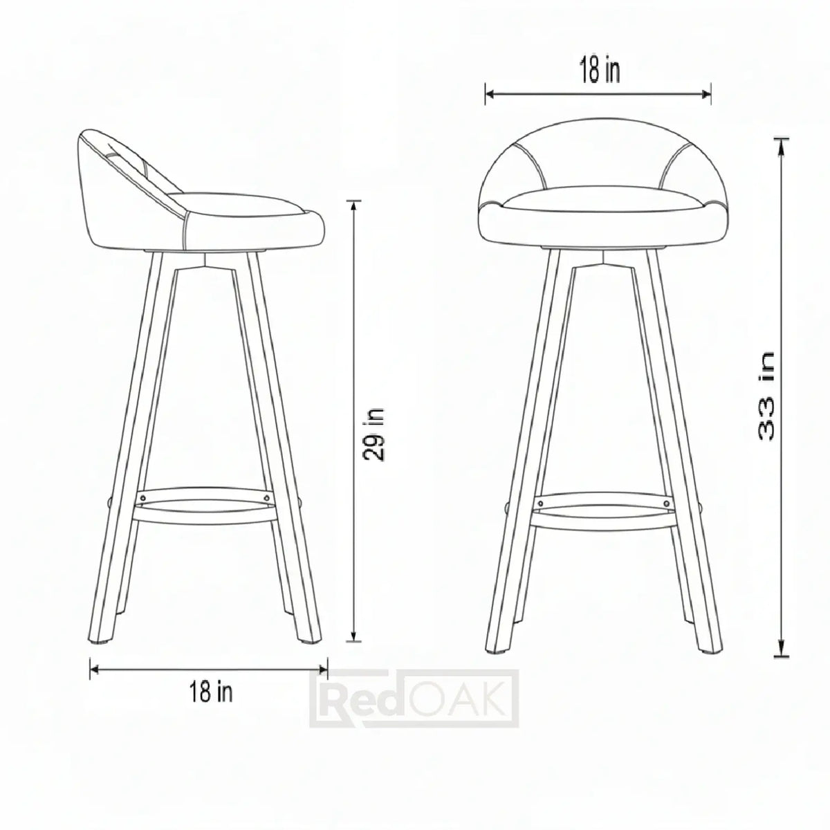 Dimensions of a bar stool shown in two views with measurements.
