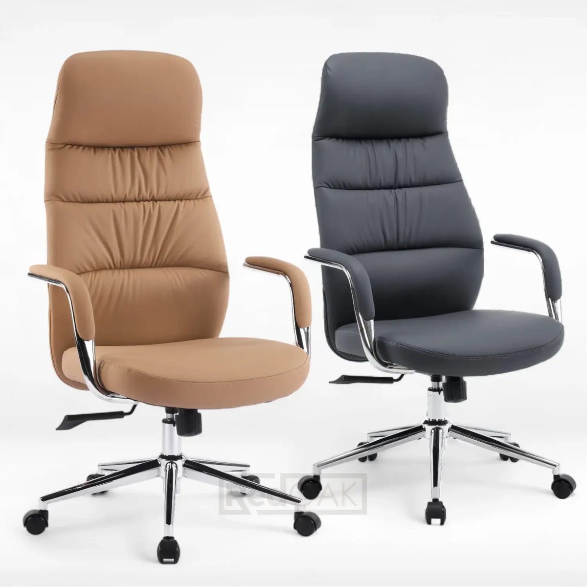 Two office chairs, one brown and one gray, on a white background