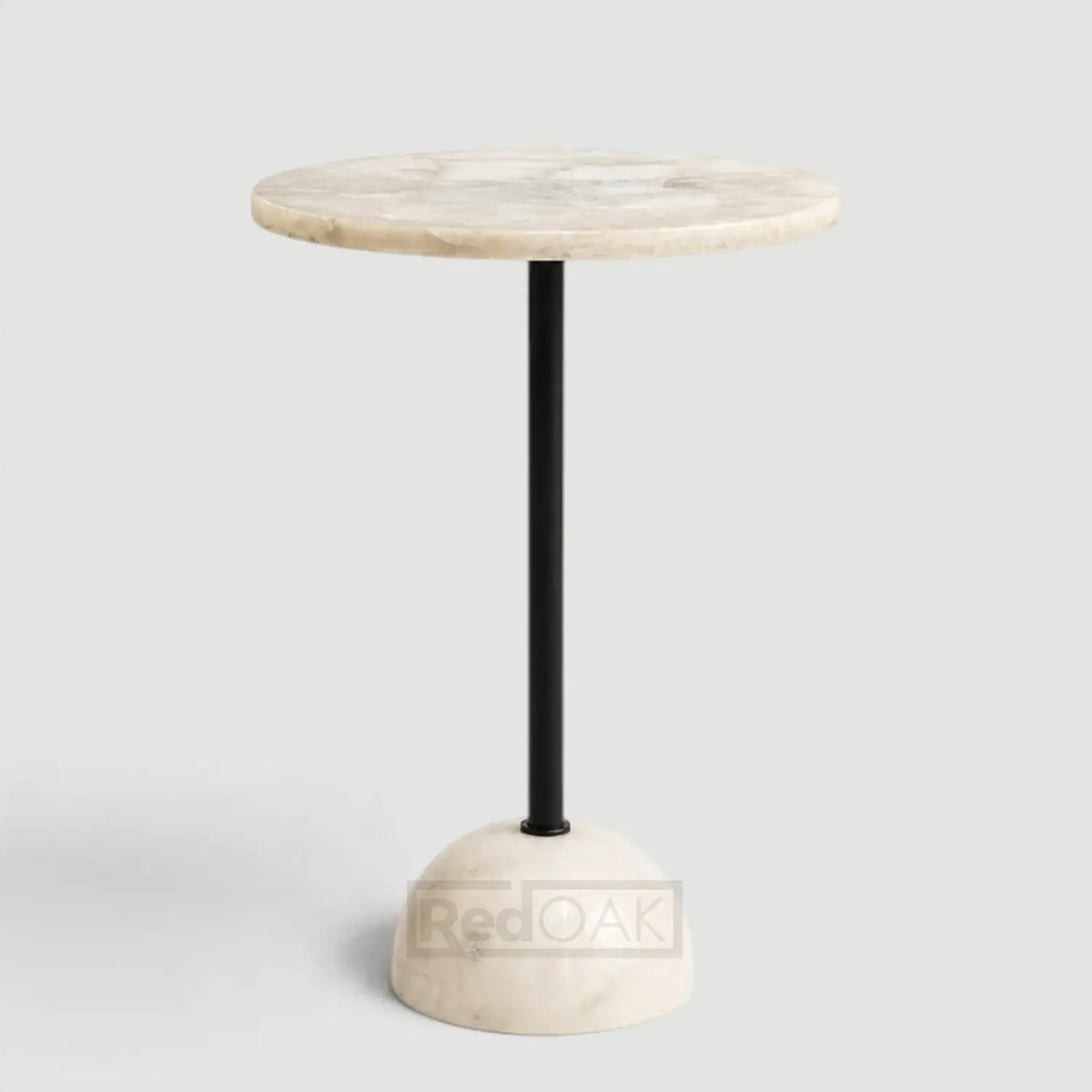 A modern side table with a round off-white marble top and base, supported by a single black metal stem, shown on a light gray background.