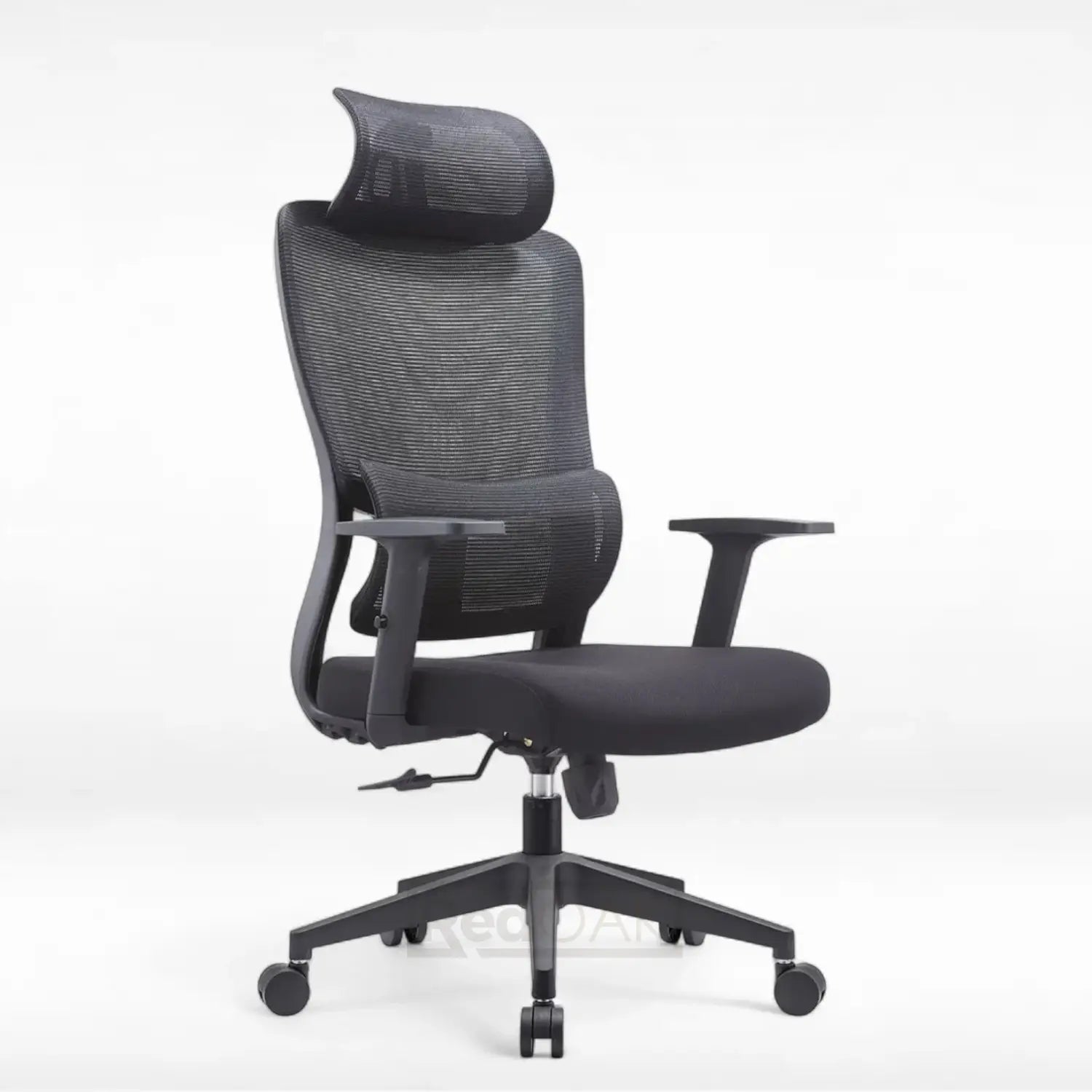 Black office chair with mesh backrest on a white background