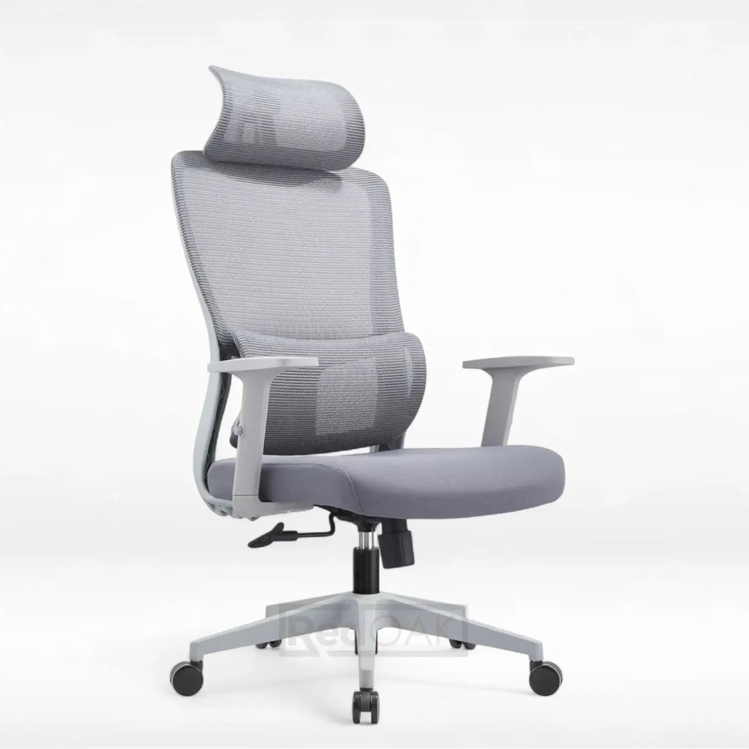 Gray office chair with headrest on a white background
