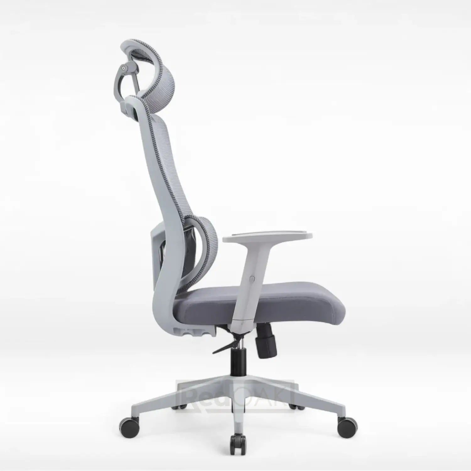 Gray office chair with mesh back on a white background