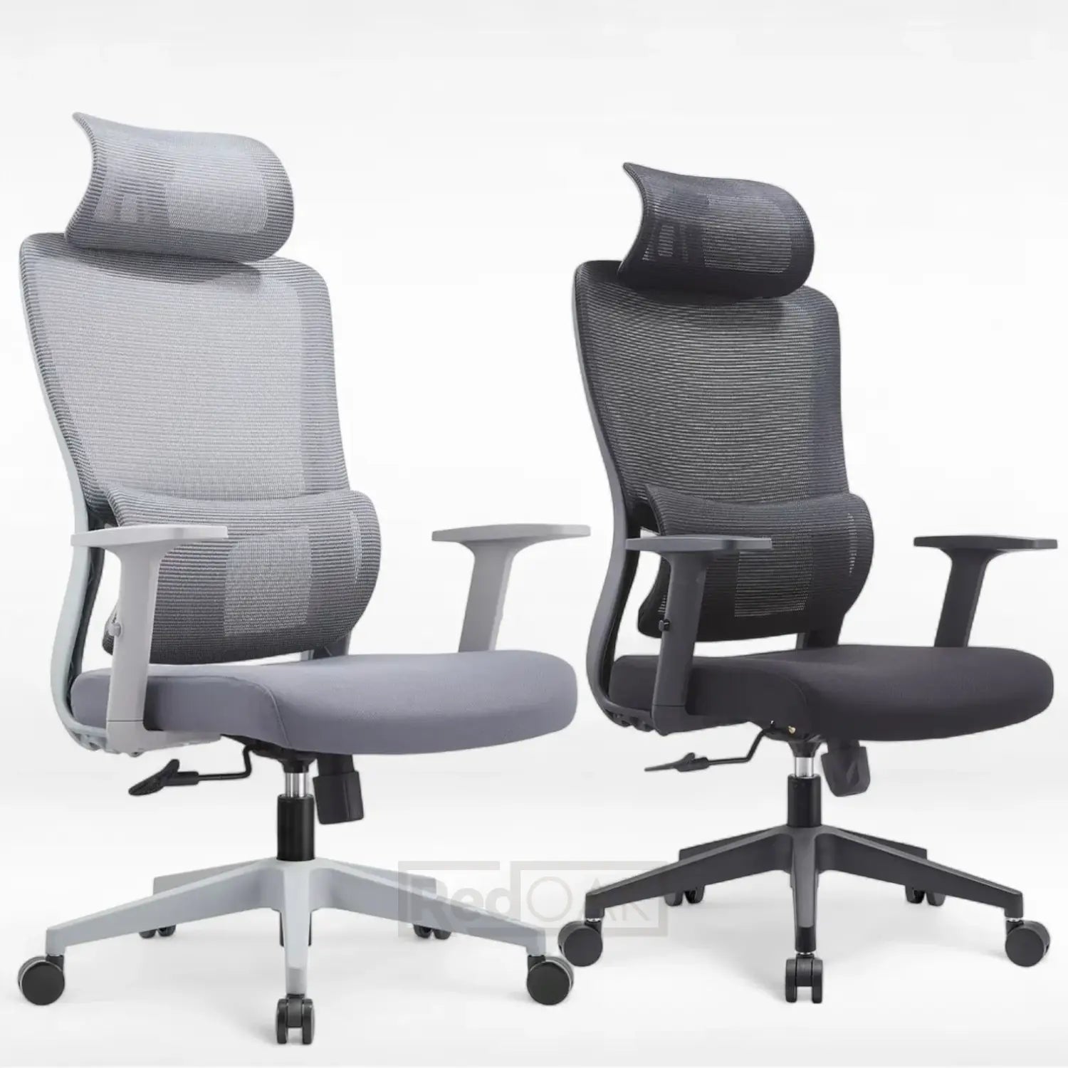 Two office chairs with headrests on a white background