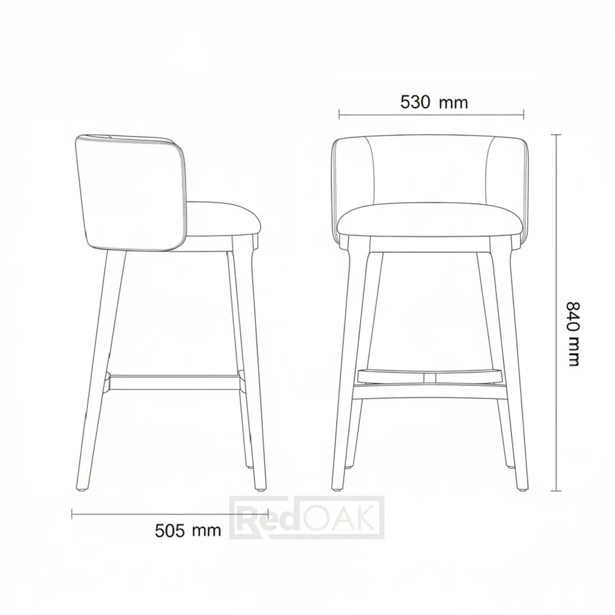 Line drawing of two bar stools with dimensions labeled