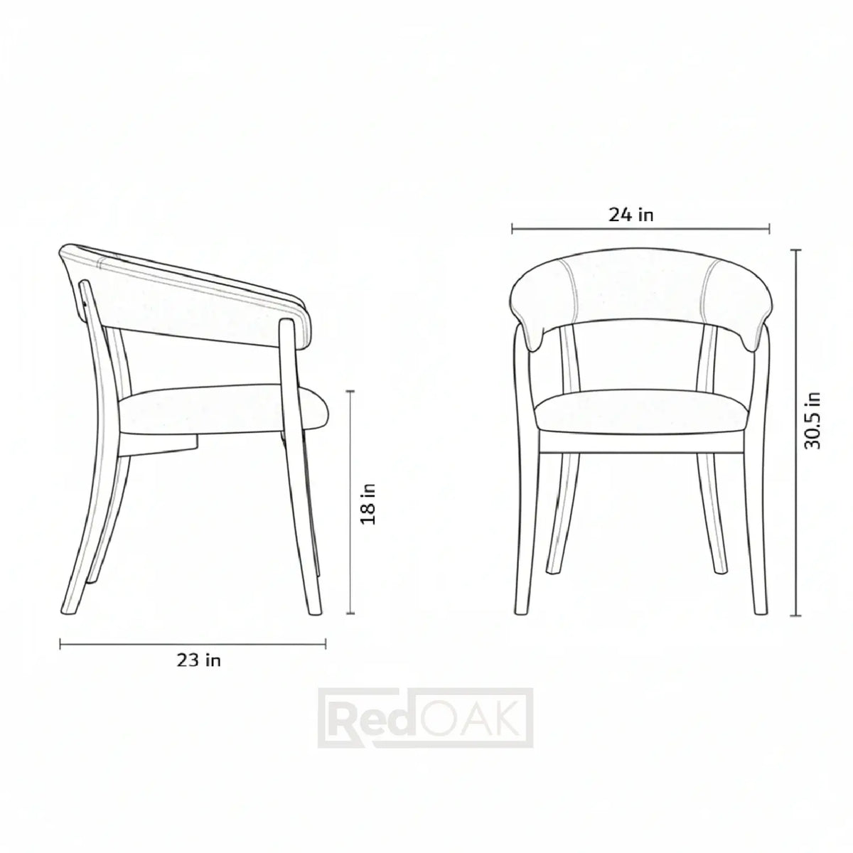 Line drawing of a chair with dimensions labeled on a white background
