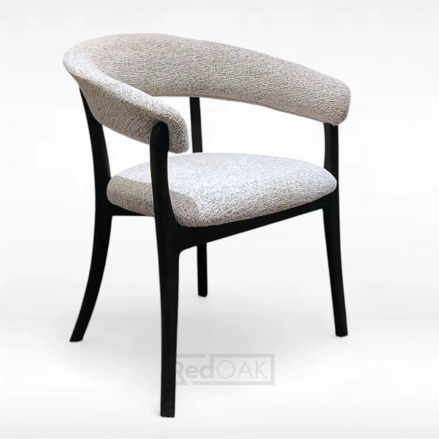 An elegant dining armchair with a black finished solid wood body and grey fabric upholstery, featuring a comfortable curved backrest.