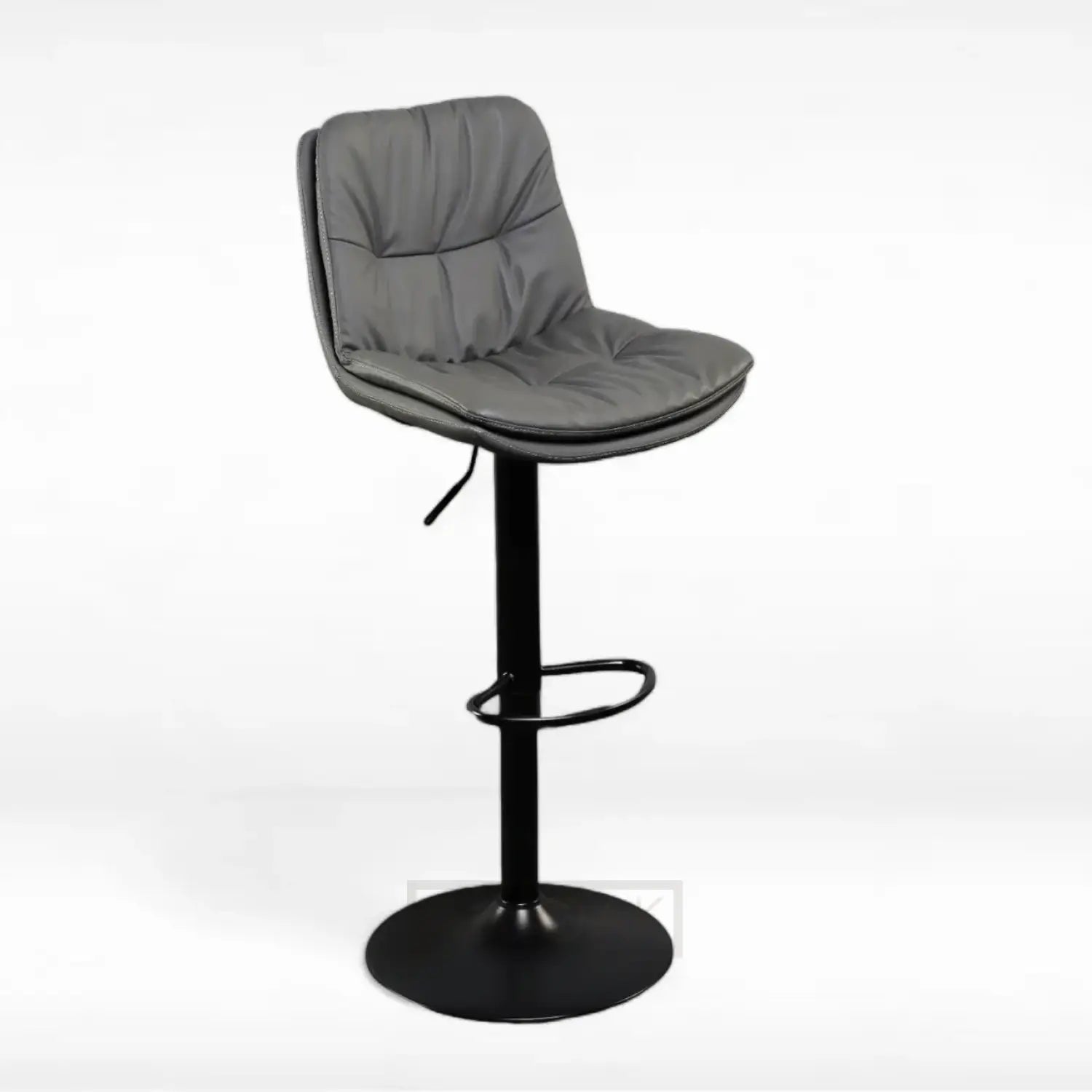 A gray faux leather bar stool with an adjustable height pedestal base and swivel functionality.