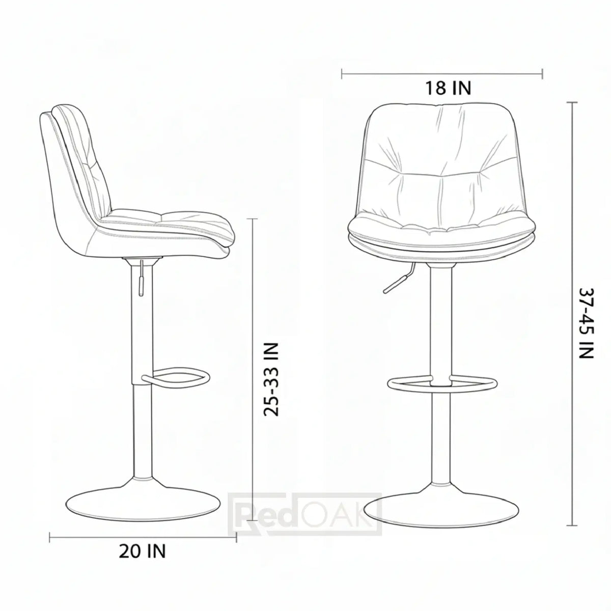 Line drawing of two bar stools with dimensions labeled