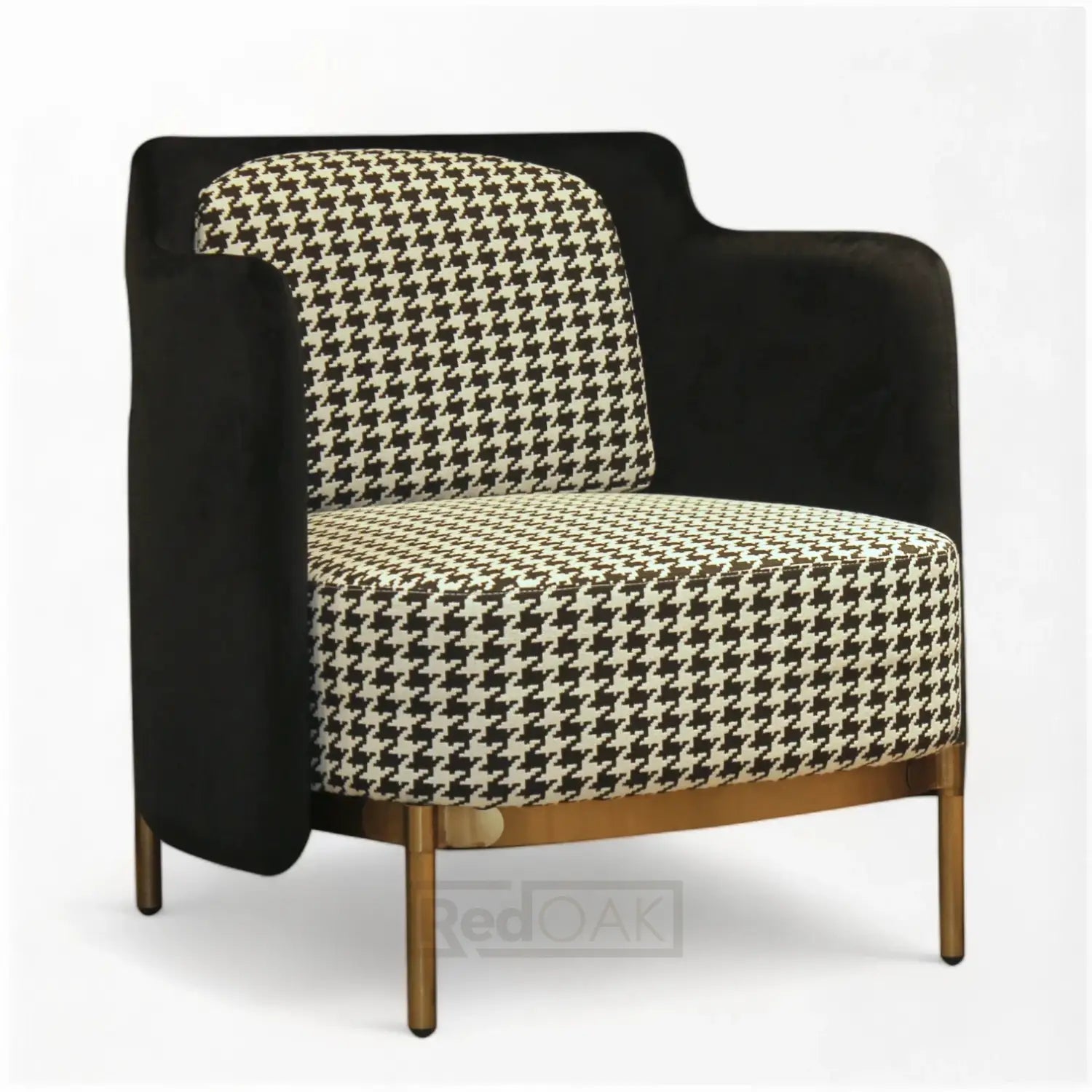 A modern style armchair with solid metal legs and black and white-colored fabric for the seat and back, featuring a cushioned base.