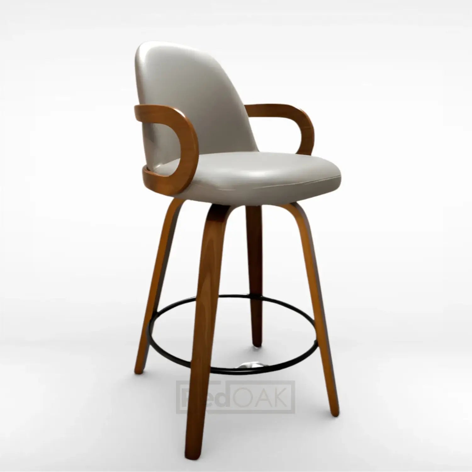 Bar stool with white cushioned seat and backrest on a white background