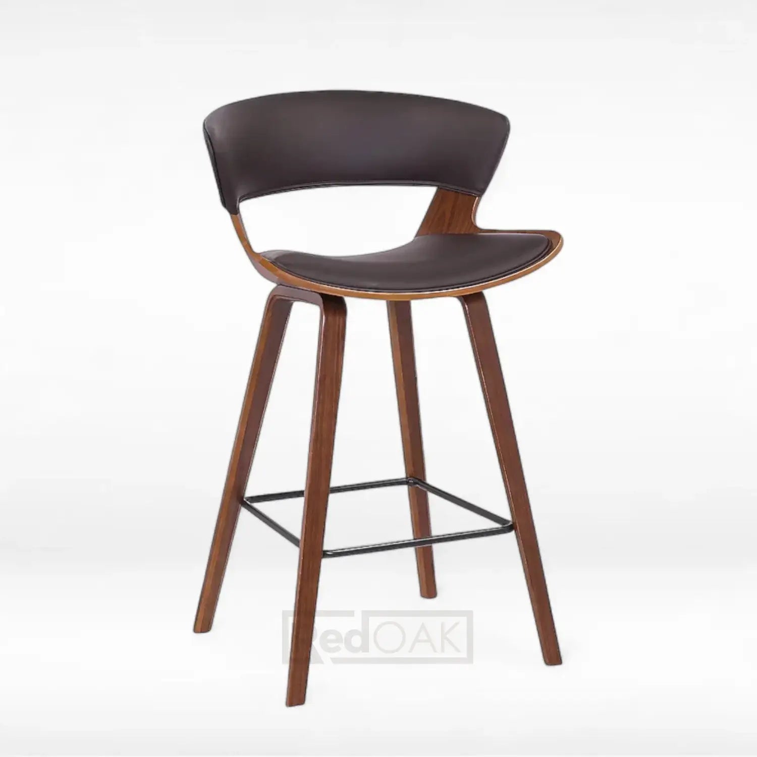 Bar stool with brown leather seat and wooden legs on a white background