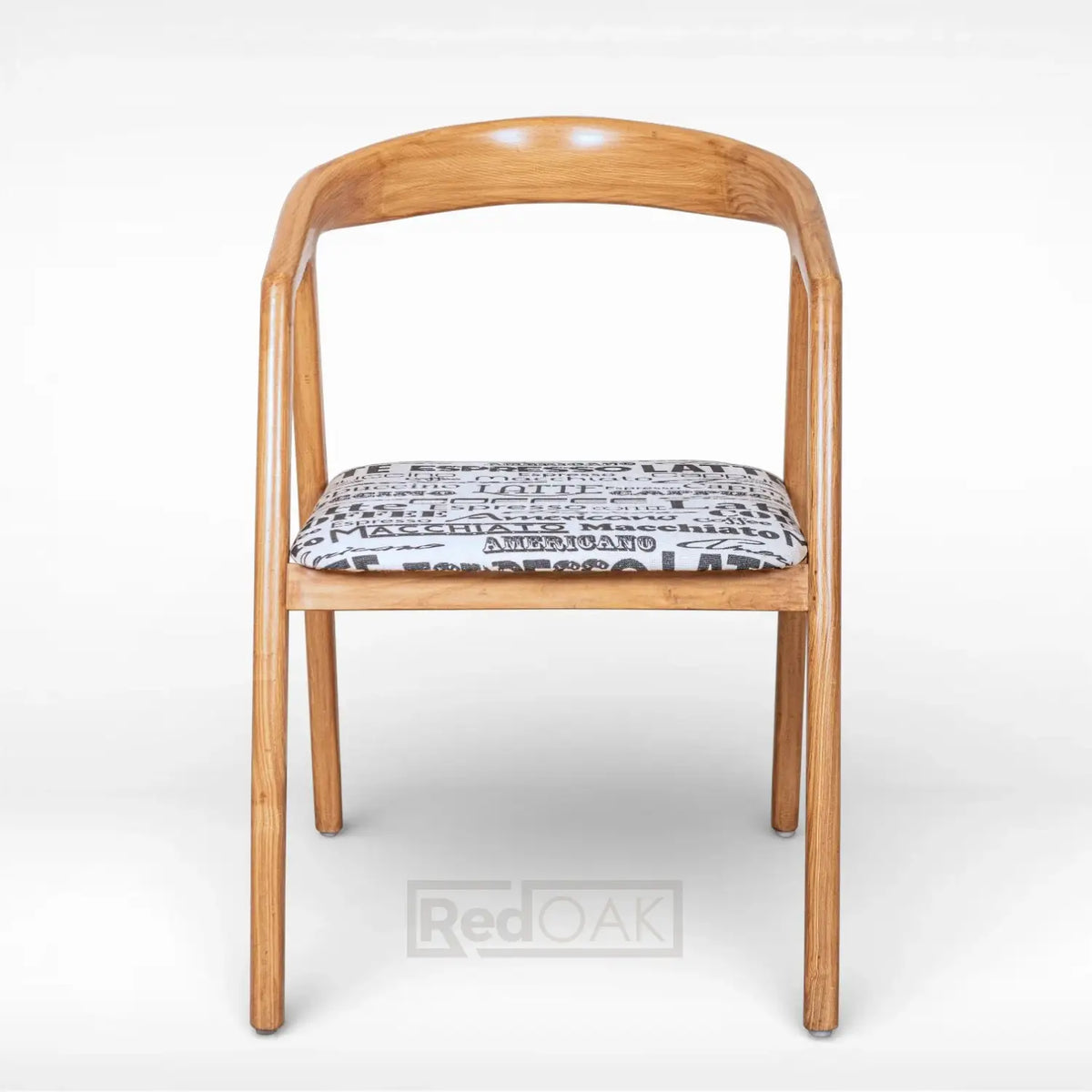 Wooden chair with a patterned cushion on a white background
