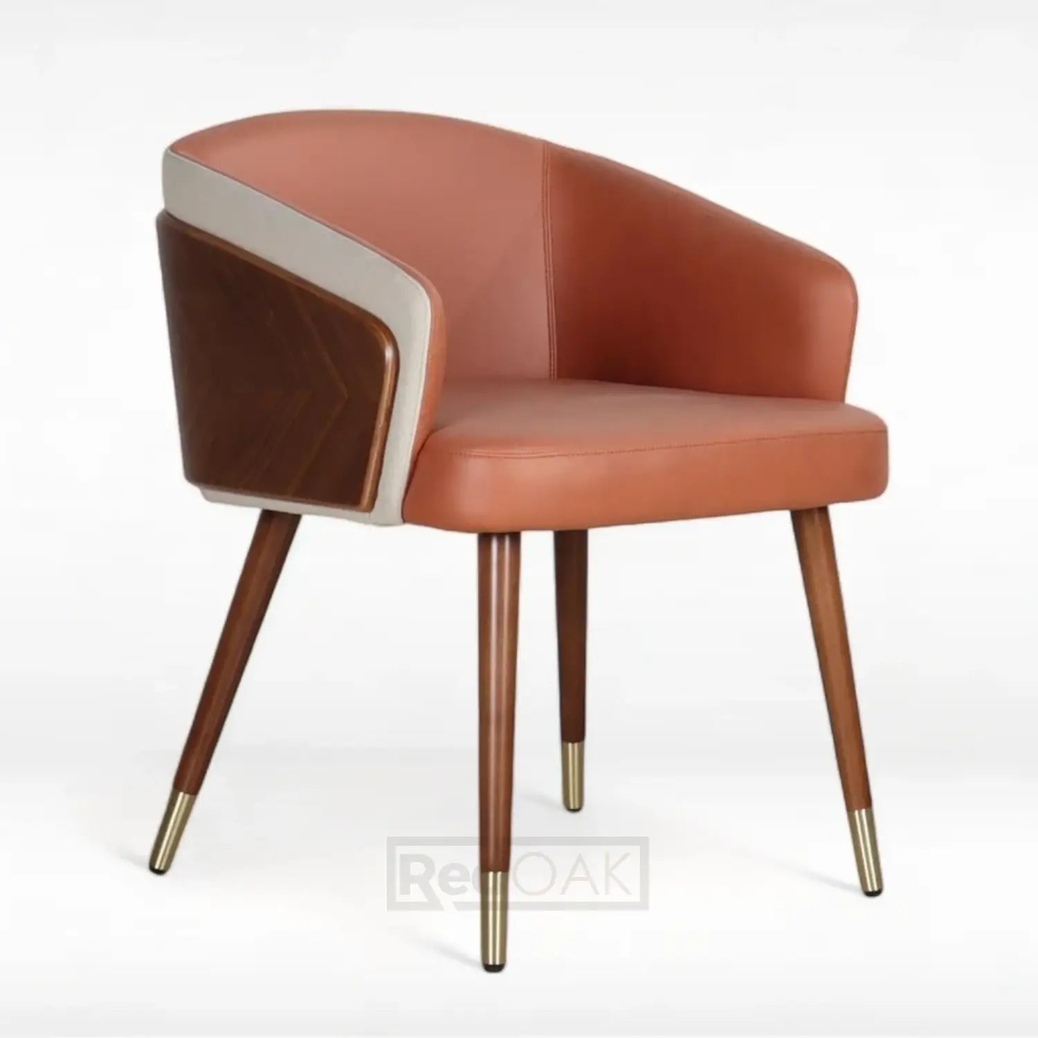 A modern upholstered lounge chair with a low back and slim armrests, featuring a brown seat and backrest with a lighter brown and white accent on the side, set against a white background.