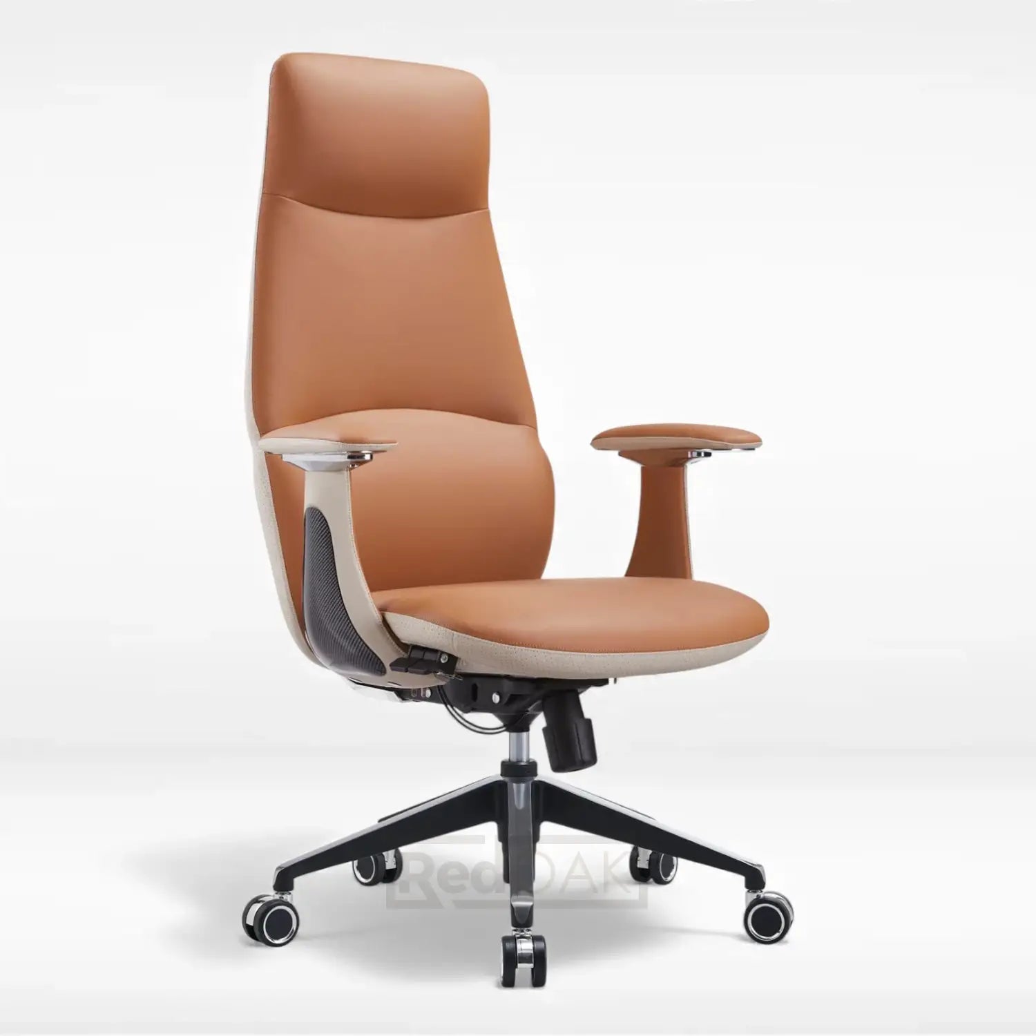 Brown office chair with black wheels on a white background