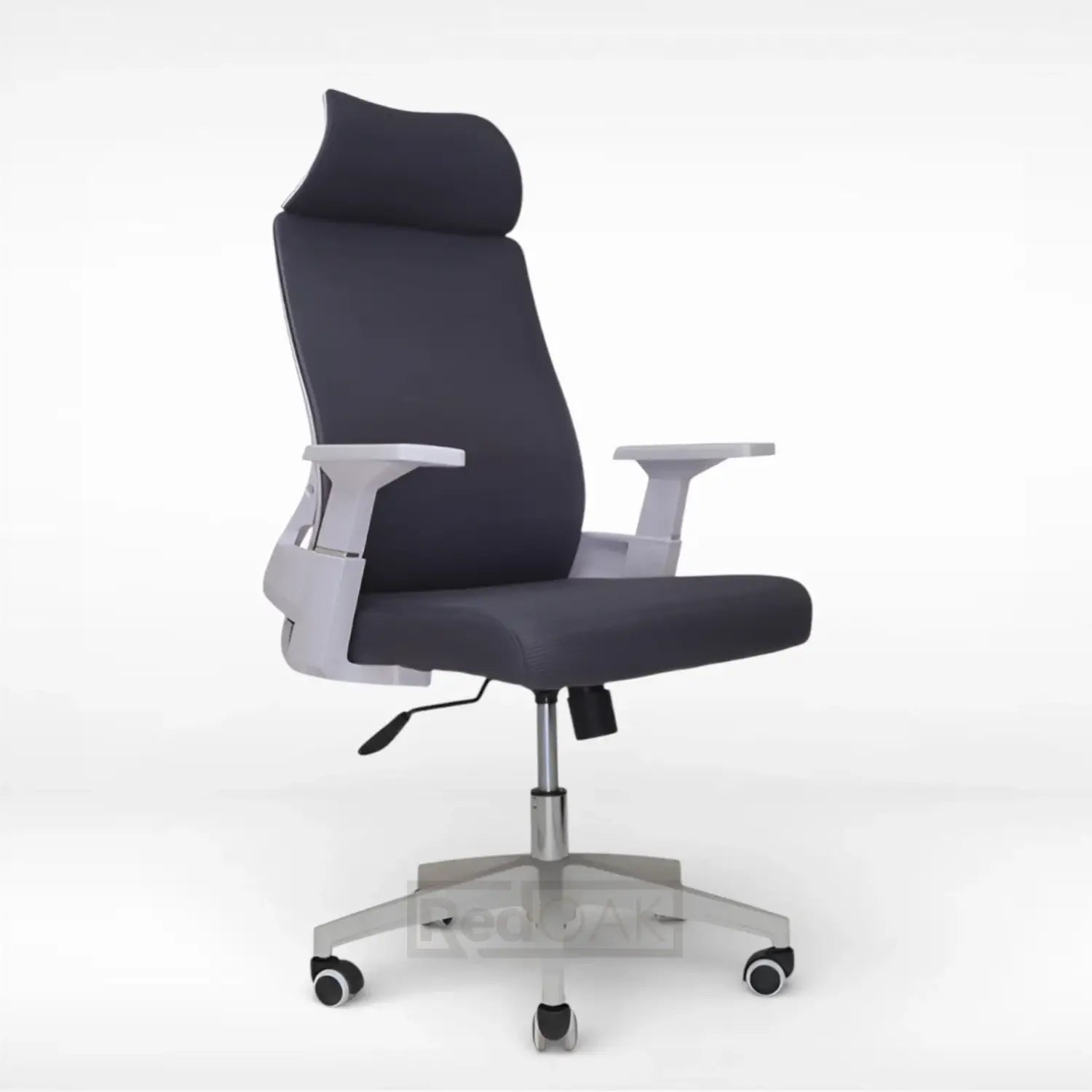 Black office chair with white base on a white background