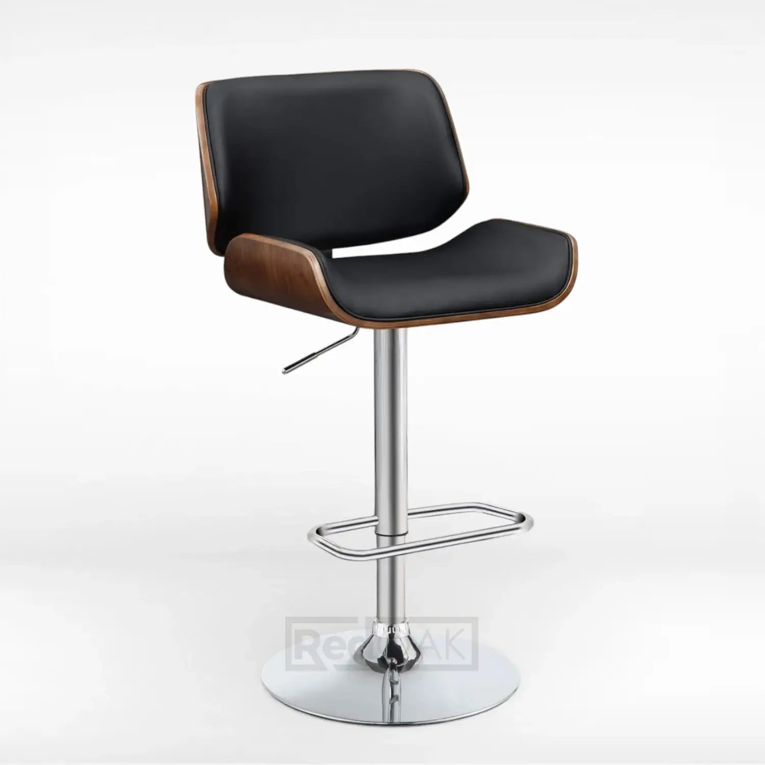Black leather bar stool with wooden armrests on a white background