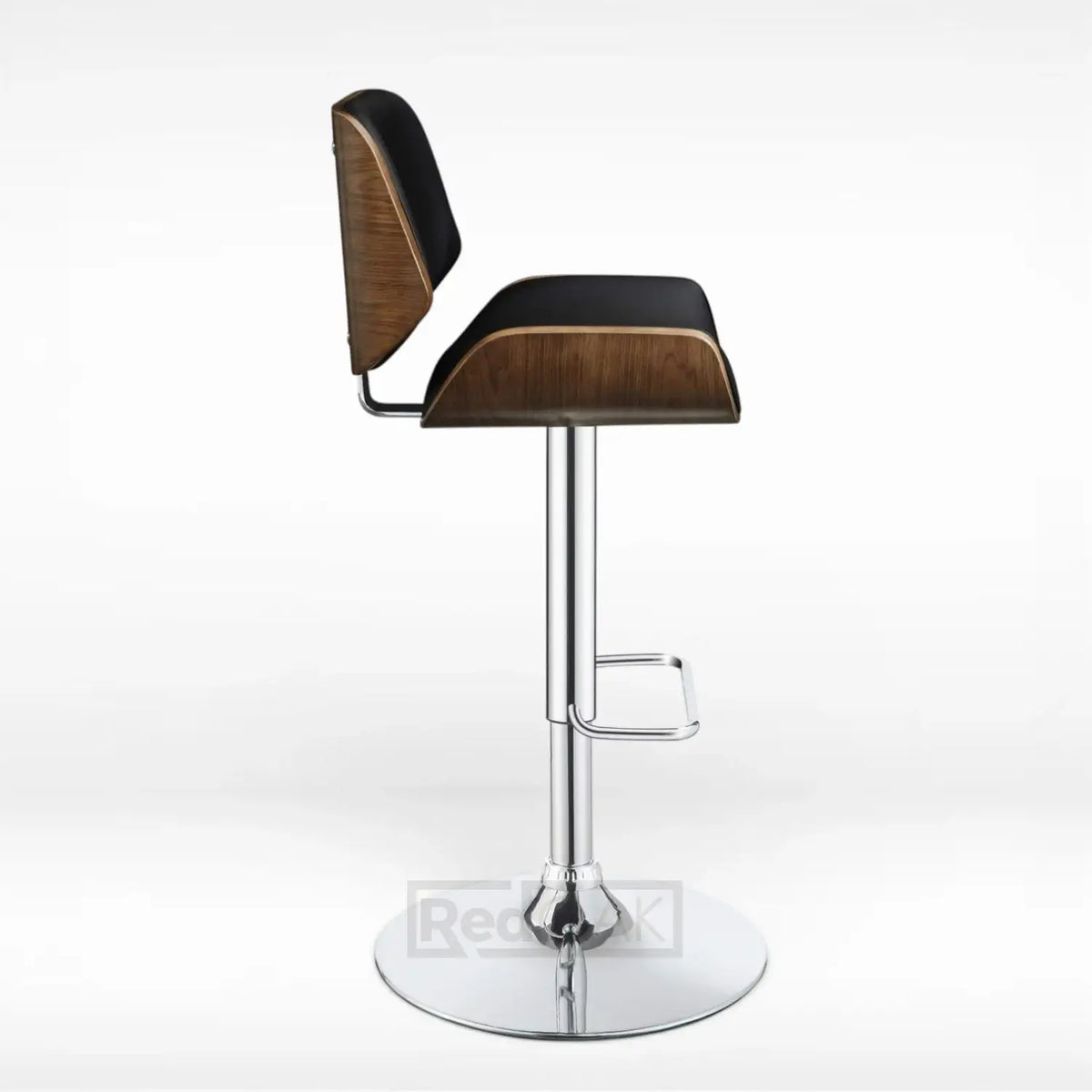 Bar stool with wooden seat and backrest on a white background