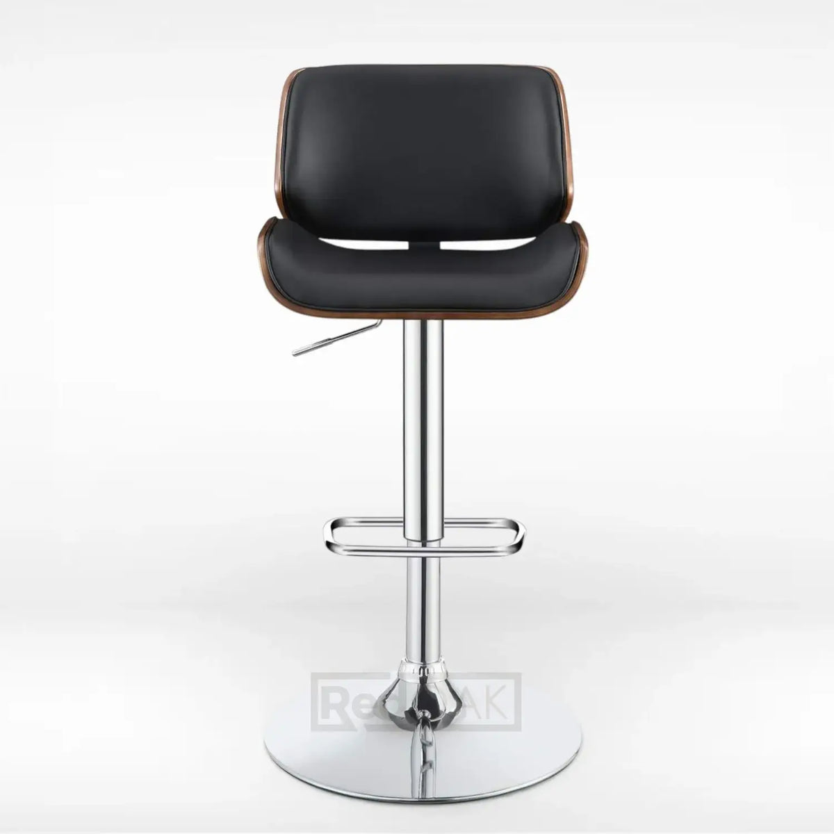Black leather bar stool with chrome base on a white background