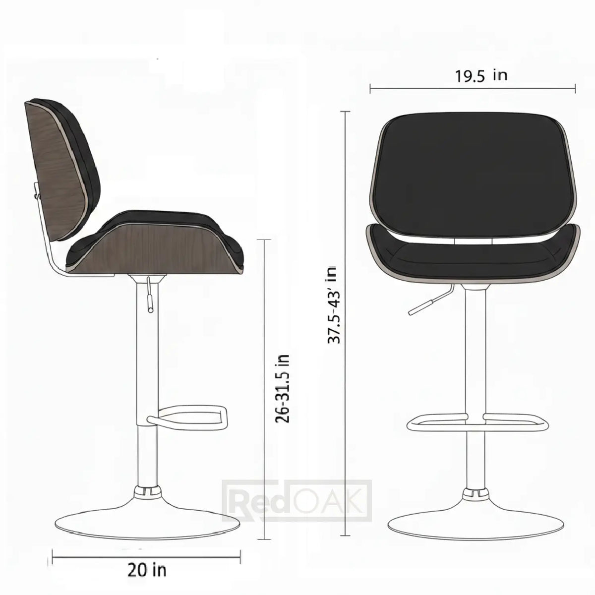 Bar stools with dimensions labeled on a white background